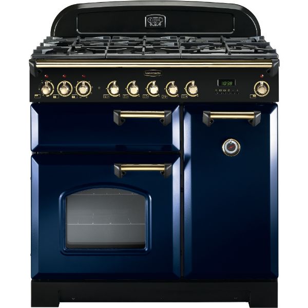 Picture of Rangemaster 113540 Classic Deluxe 90 Dual Fuel Range Cooker in Regal Blue with Brass Trim-CDL90DFFRB/B