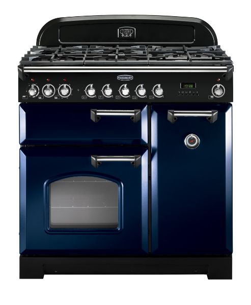 Picture of Rangemaster 113530 Classic Deluxe 90 Dual Fuel Range Cooker in Regal Blue with Chrome Trim-CDL90DFFRB/C