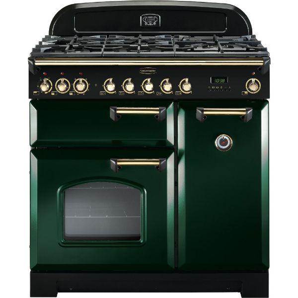 Picture of Rangemaster 113520 Classic Deluxe 90 Dual Fuel Range Cooker in Racing Green with Brass Trim-CDL90DFFRG/B