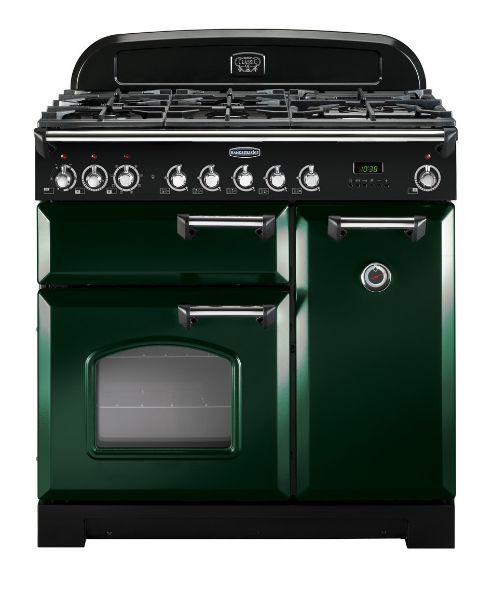 Picture of Rangemaster 113510 Classic Deluxe 90 Dual Fuel Range Cooker in Racing Green with Chrome Trim-CDL90DFFRG/C