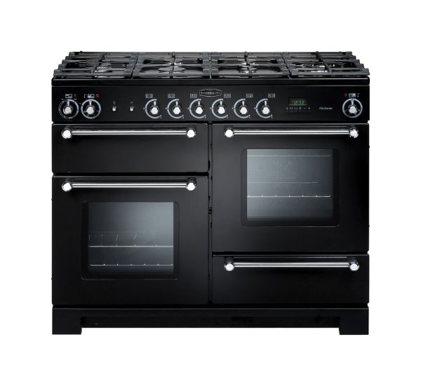 Picture of Rangemaster KCH110NGFBL/C Kitchener 110cm Gas Range Cooker in Black with Chrome Trim 116690-KCH110NGFBL/C