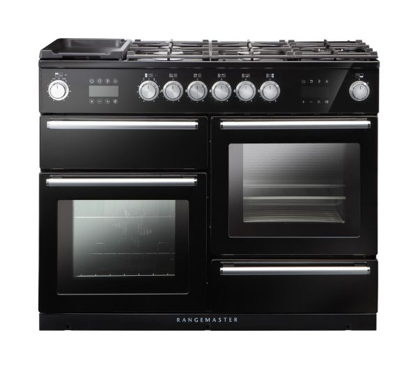 Picture of Rangemaster 119760 Nexus Steam 110 Dual Fuel Range Cooker in Black with Chrome Trim-NEX110SODFFBL/C