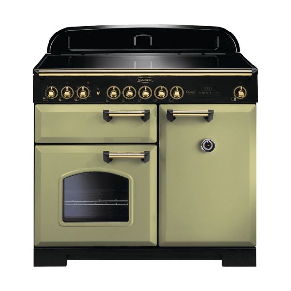 Rangemaster 114830 Classic Deluxe 100 Induction Range Cooker in Olive Green with Brass Trim_main