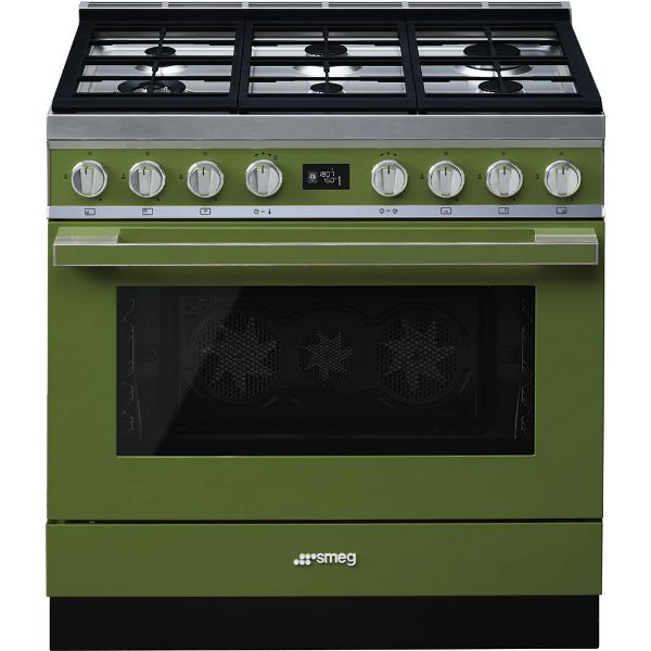 Smeg CPF9GPOG 90cm Portofino Single Pyrolytic Cavity Dual Fuel Range Cooker in Olive Green