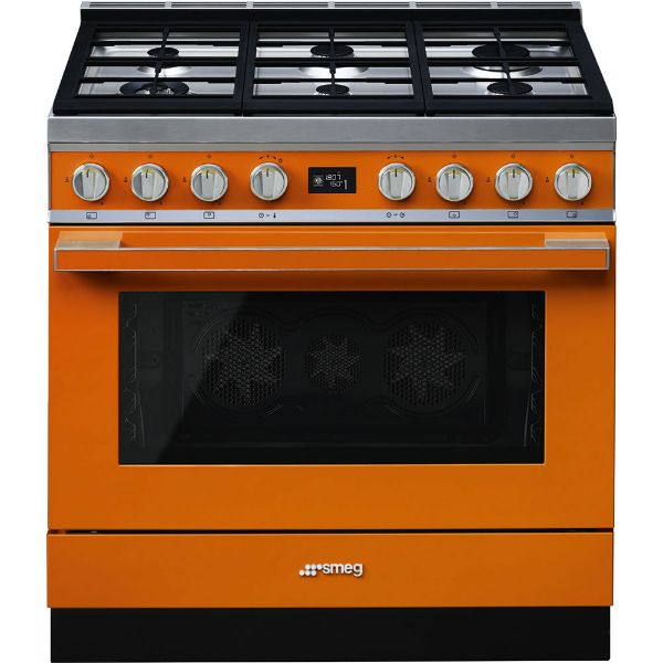 Smeg CPF9GPOR 90cm Portofino Single Pyrolytic Cavity Dual Fuel Range Cooker in Orange