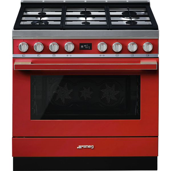 Smeg CPF9GPR 90cm Portofino Single Pyrolytic Cavity Dual Fuel Range Cooker in Red