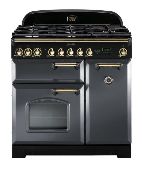 Rangemaster 124150 Classic Deluxe 90 Dual Fuel Range Cooker in Slate with Brass Trim - CDL90DFFSL/B