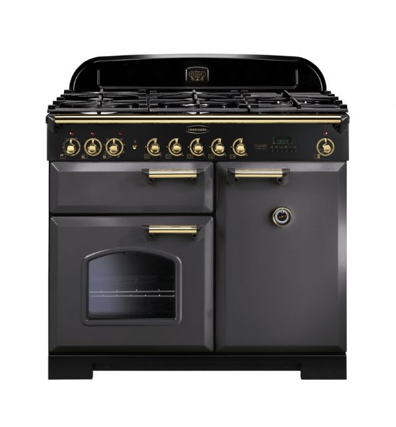 Rangemaster 124210 Classic Deluxe 100 Dual Fuel Range Cooker in Slate with Brass Trim - CDL100DFFSL/B