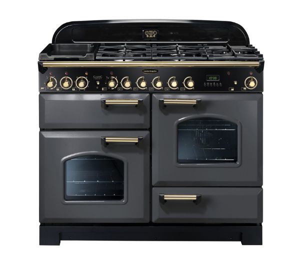 Rangemaster 124250 Classic Deluxe 110 Dual Fuel Range Cooker in  Slate with Brass Trim - CDL110DFFSL/B