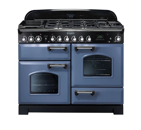 Rangemaster 127240 Classic Deluxe 110 Dual Fuel Range Cooker in  Stone Blue with Chrome Trim -  CDL110DFFSB/C