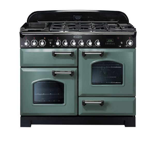 Rangemaster 127250 Classic Deluxe 110 Dual Fuel Range Cooker in  Mineral Green with Chrome Trim - CDL110DFFMG/C