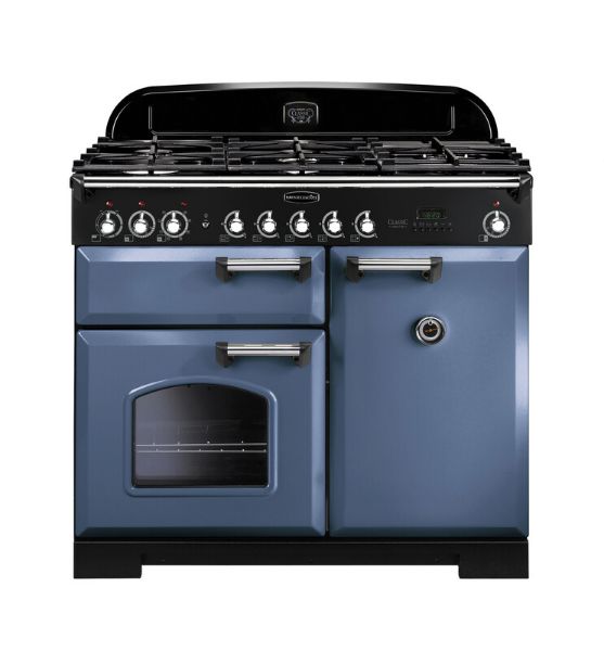 Rangemaster 127400 Classic Deluxe 100 Dual Fuel Range Cooker in Stone Blue with Chrome Trim - CDL100DFFSB/C