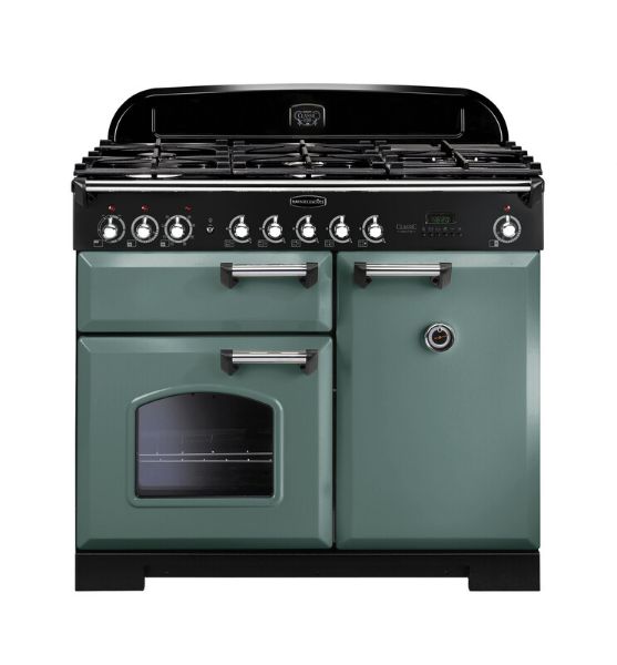 Rangemaster 127410 Classic Deluxe 100 Dual Fuel Range Cooker in Mineral Green with Chrome Trim - CDL100DFFMG/C