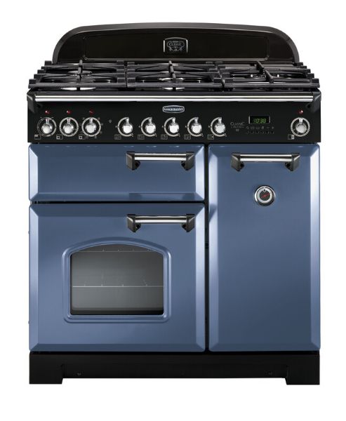 Rangemaster 127500 Classic Deluxe 90 Dual Fuel Range Cooker in Stone Blue with Chrome Trim - CDL90DFFSB/C