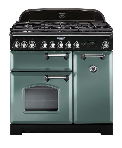 Rangemaster 127510 Classic Deluxe 90 Dual Fuel Range Cooker in Mineral Green with Chrome Trim - CDL90DFFMG/C