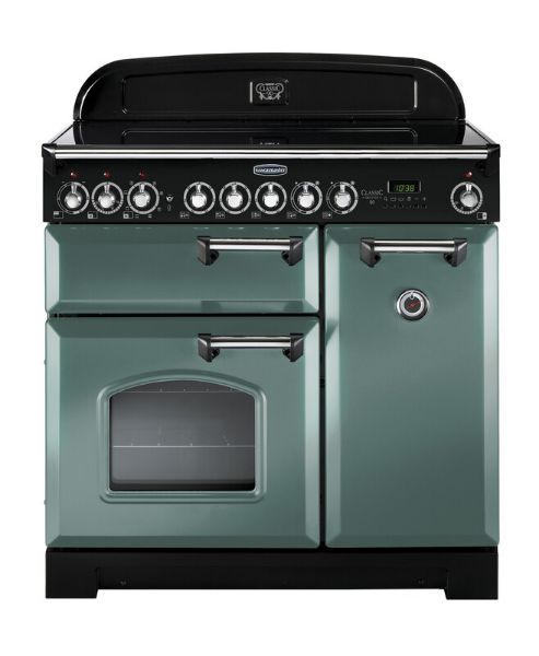 Rangemaster 127630 Classic Deluxe 90 Ceramic Range Cooker in Mineral Green with Chrome Trim - CDL90ECMG/C