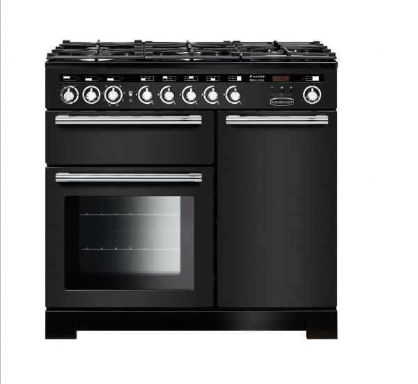 Rangemaster 127700 Encore Deluxe 100 Dual Fuel Range Cooker in Charcoal Black with Chrome Trim - EDL100DFFCB/C