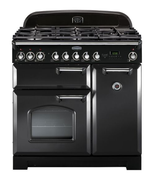 Rangemaster 128420 Classic Deluxe 90 Dual Fuel Range Cooker in Charcoal Black with Chrome Trim - CDL90DFFCB/C