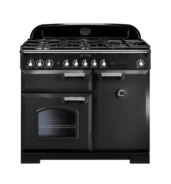 Rangemaster 128580 Classic Deluxe 100 Dual Fuel Range Cooker in Charcoal Black with Chrome Trim - CDL100DFFCB/C