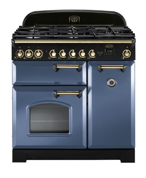 Rangemaster 129430 Classic Deluxe 90 Dual Fuel Range Cooker in Stone Blue with Brass Trim - CDL90DFFSB/B