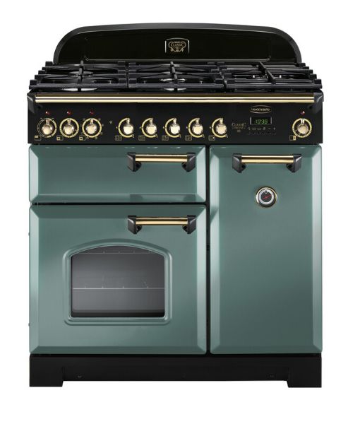 Rangemaster 129440 Classic Deluxe 90 Dual Fuel Range Cooker in Mineral Green with Brass Trim - CDL90DFFMG/B