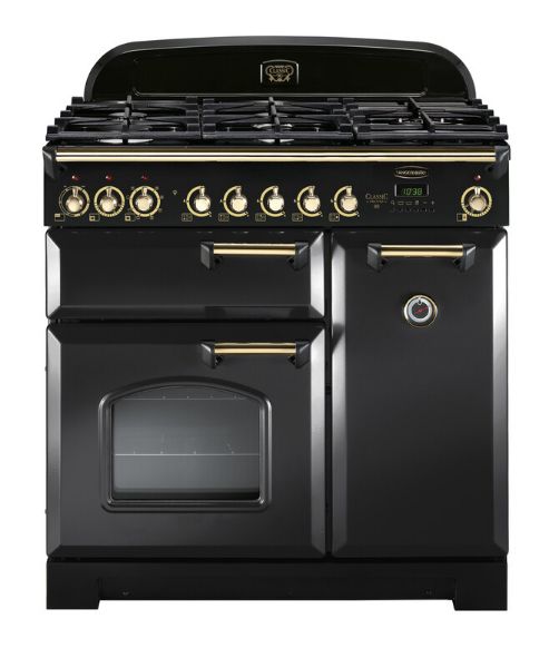 Rangemaster 129450 Classic Deluxe 90 Dual Fuel Range Cooker in Charcoal Black with Brass Trim - CDL90DFFCB/B