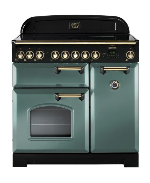 Rangemaster 129470 Classic Deluxe 90 Induction Range Cooker in  Mineral Green with Brass Trim - CDL90EIMG/B