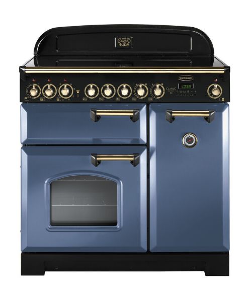 Rangemaster 129490 Classic Deluxe 90 Ceramic Range Cooker in Stone Blue with Brass Trim - CDL90ECSB/B