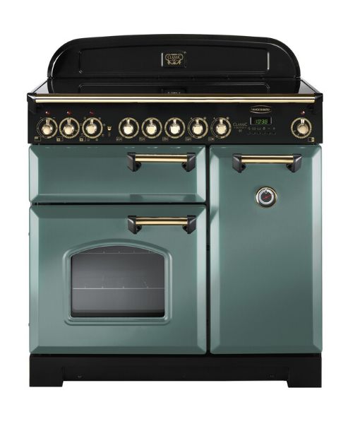 Rangemaster 129500 Classic Deluxe 90 Ceramic Range Cooker in Mineral Green with Brass Trim - CDL90ECMG/B