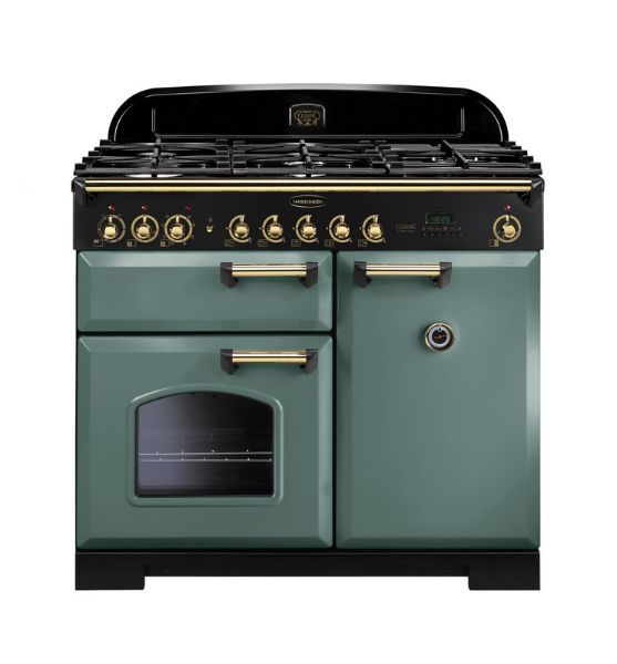 Rangemaster 129530 Classic Deluxe 100 Dual Fuel Range Cooker in Mineral Green with Brass Trim - CDL100DFFMG/B