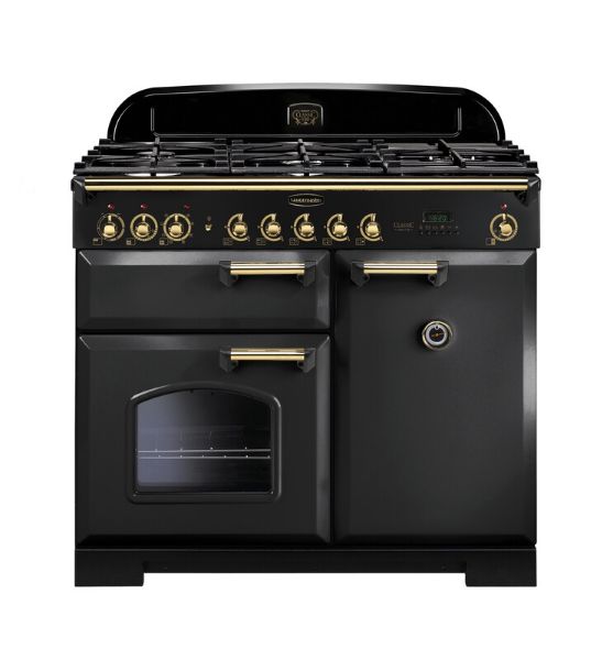 Rangemaster 129540 Classic Deluxe 100 Dual Fuel Range Cooker in Charcoal Black with Brass Trim - CDL100DFFCB/B