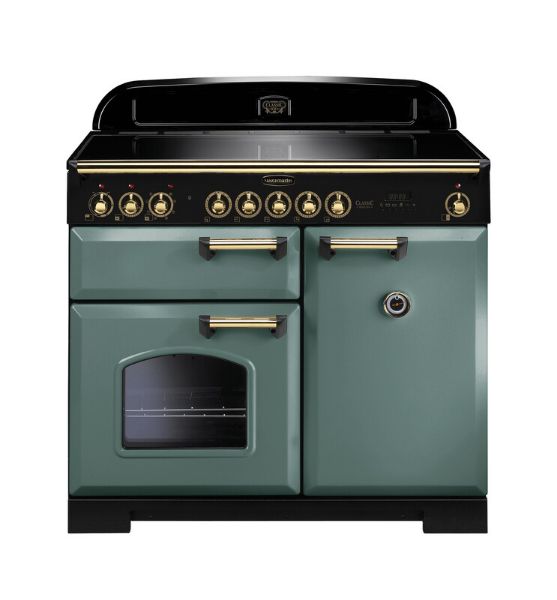 Rangemaster 129560 Classic Deluxe 100 Induction Range Cooker in  Mineral Green with Brass Trim - CDL100EIMG/B