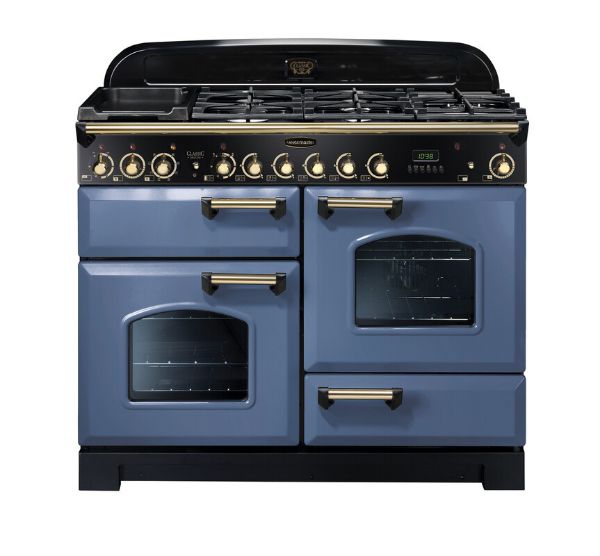 Rangemaster 129580 Classic Deluxe 110 Dual Fuel Range Cooker in Stone Blue with Brass Trim - CDL110DFFSB/B