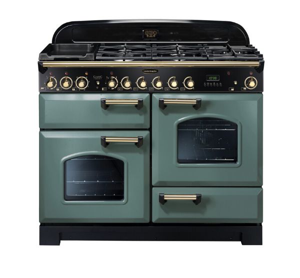 Rangemaster 129590 Classic Deluxe 110 Dual Fuel Range Cooker in Mineral Green with Brass Trim - CDL110DFFMG/B