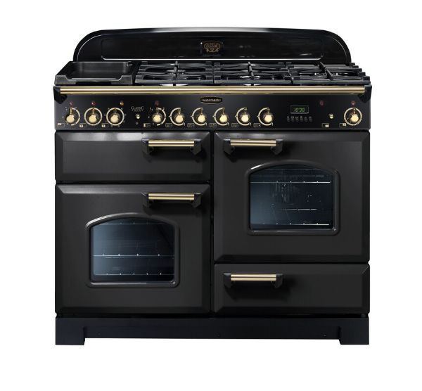 Rangemaster 129600 Classic Deluxe 110 Dual Fuel Range Cooker in Charcoal Black with Brass Trim - CDL110DFFCB/B