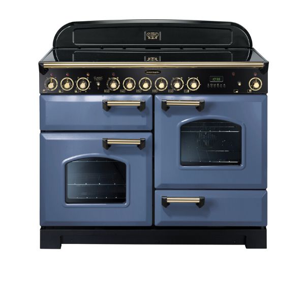 Rangemaster 129640 Classic Deluxe 110 Ceramic Range Cooker in Stone Blue with Brass Trim - CDL110ECSB/B