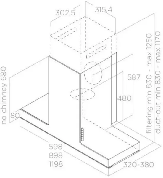 Elica HAIKU-90-BLK Haiku 90cm Wide Wall Mounted Chimney Hood in Black_dimensions
