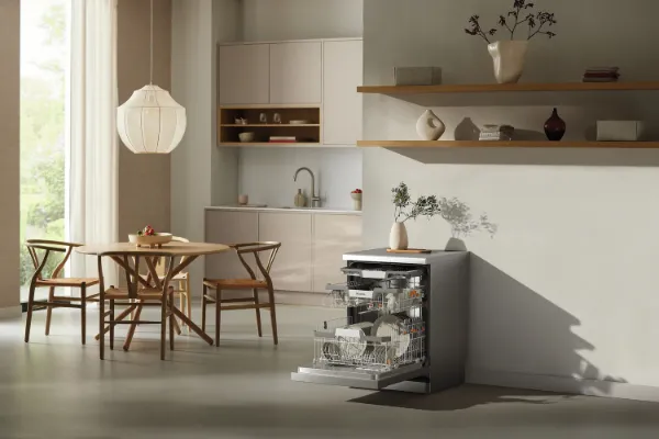 Miele G7130 SC CLST Freestanding Full Size Dishwasher with AutoDos in Clean Steel_room view open door