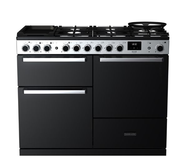 Rangemaster 15816 Edge Deluxe 110 Dual Fuel Range Cooker in Black Glass with Chrome Trim - EDDLO110DFGBLK/CM1_main