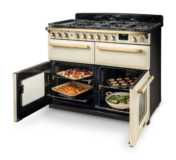 Rangemaster 18149 Estel Deluxe 110 Dual Fuel Range Cooker in Pale Pink with Antique Brass Trim - ESDLB110DFPPPK/AB1_ovens