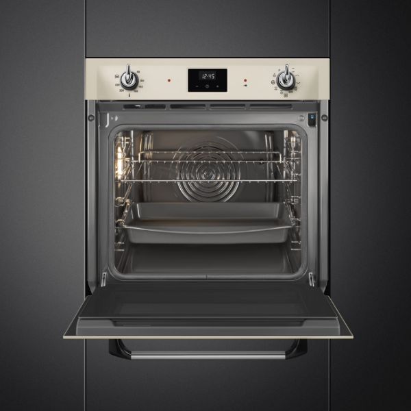 Smeg SOP6900TP 60cm Victoria Pyrolytic Single Oven Cream shelves