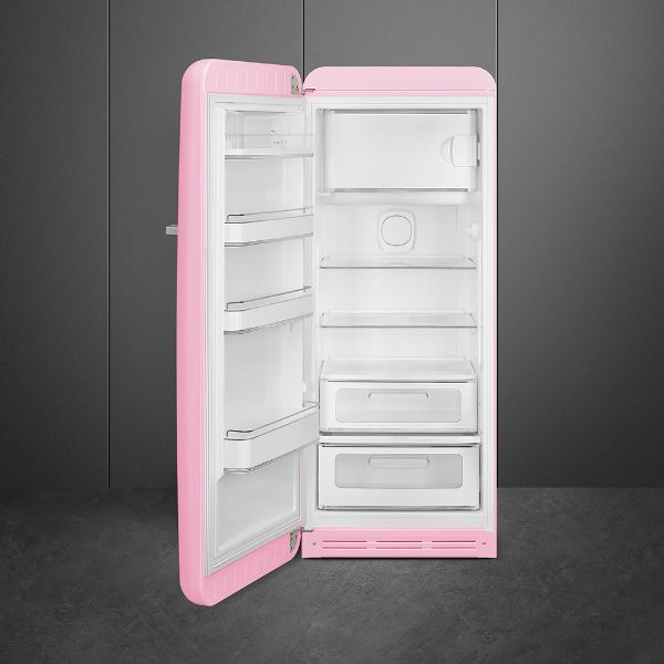 Smeg FAB28LPK5 60cm 50s Style Fridge with Icebox Left Hand Hinge In Pink_open