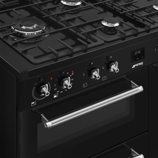 Smeg CX103GMBL 100cm Concert Dual Fuel Range Cooker in Black_ front view controls