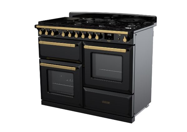 Rangemaster 18102 Estel Deluxe 110 Dual Fuel Range Cooker with Proving Drawer in Gloss Black with Antique Brass Trim - ESDLO110DFPGBL/AB1_angled