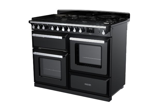 Rangemaster 15146 Estel Deluxe 110 Dual Fuel Range Cooker with Proving Drawer in Gloss Black with Chrome Trim - ESDLO110DFPGBL/CM1_angled