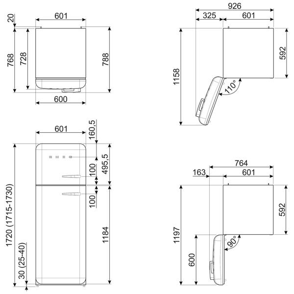 Smeg FAB30LBL5UK 60cm 50s Style Freezer over Fridge Left Hand Hinge In Black_dimensions
