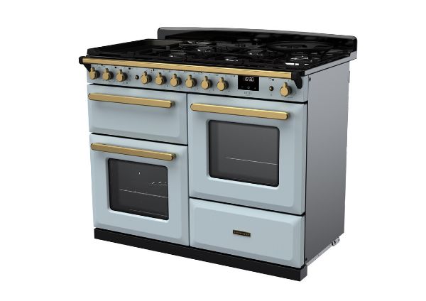Rangemaster 18106 Estel Deluxe 110 Dual Fuel Range Cooker with Proving Drawer in Misty Blue with Antique Brass Trim - ESDLO110DFPMSB/AB1_angled