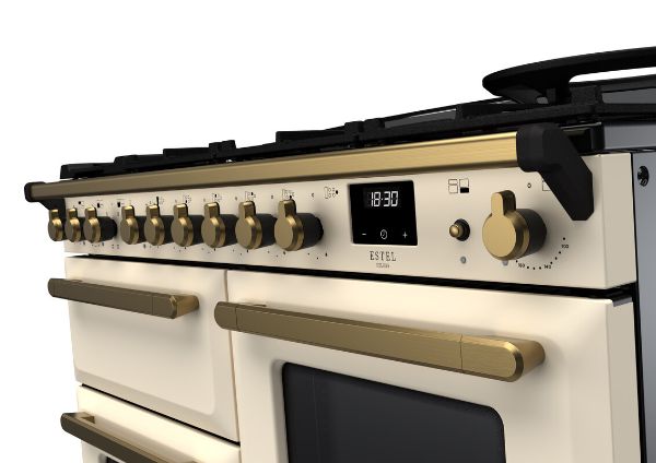 Rangemaster 18104 Estel Deluxe 110 Dual Fuel Range Cooker with Proving Drawer in Pale Cream with Antique Brass Trim - ESDLO110DFPPCR/AB1_controls