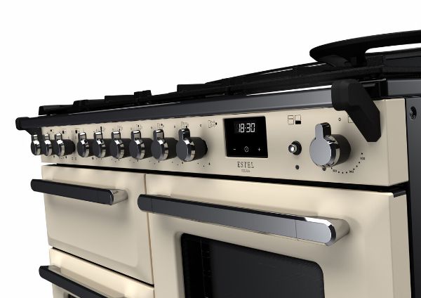 Rangemaster 15148 Estel Deluxe 110 Dual Fuel Range Cooker with Proving Drawer in Pale Cream with Chrome Trim - ESDLO110DFPPCR/CM1_controls