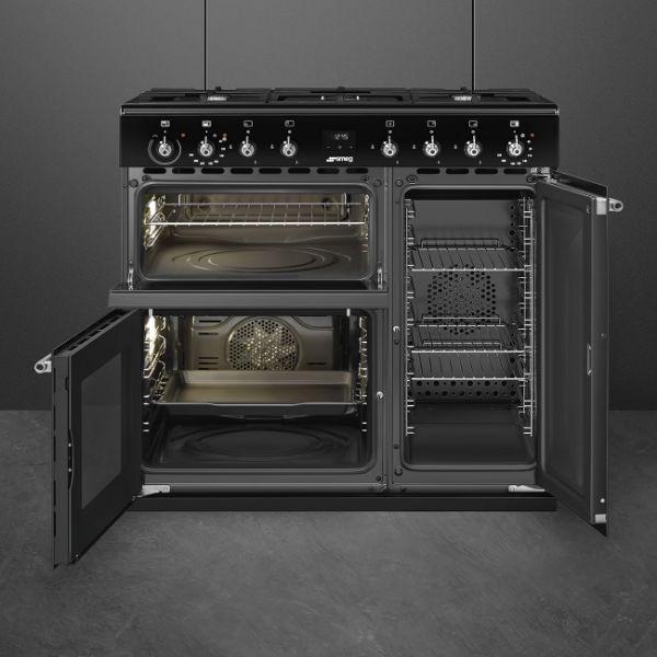 Smeg CX93GMBL 90cm Concert Dual Fuel Range Cooker in Black_ front view all open